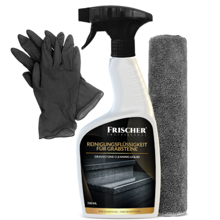 FRISCHER PROFESSIONAL Płyn do czyszczenia nagrobków, 500 ml + mikrofibra 30x30 cm + rękawiczki nitrylowe czarne 2 szt (FR00124_kit_amz_de)