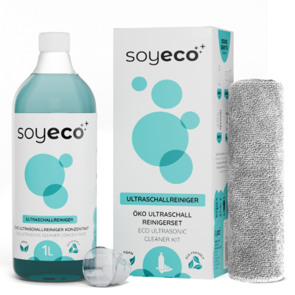 SOY ECO Zestaw 2w1 Koncentrat czyszczący do myjek ultradźwiękowych, 1000 ml z miarką dozującą + mikrofibra 20x20 cm (SECO219_kit_amz_de)